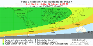 HilalMap: Peta Visibilitas Hilal Dzulqaidah 1452 H: rukyat tanggal 2031-2-22 M