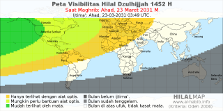 HilalMap: Peta Visibilitas Hilal Dzulhijjah 1452 H: rukyat tanggal 2031-3-23 M