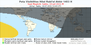 HilalMap: Peta Visibilitas Hilal Rabiul-Akhir 1453 H: rukyat tanggal 2031-7-19 M