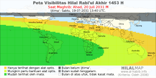 HilalMap: Peta Visibilitas Hilal Rabiul-Akhir 1453 H: rukyat tanggal 2031-7-20 M