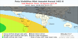 HilalMap: Peta Visibilitas Hilal Jumadal-Awwal 1453 H: rukyat tanggal 2031-8-18 M