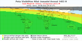 HilalMap: Peta Visibilitas Hilal Jumadal-Awwal 1453 H: rukyat tanggal 2031-8-19 M