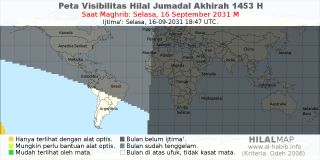 HilalMap: Peta Visibilitas Hilal Jumadal-Akhirah 1453 H: rukyat tanggal 2031-9-16 M