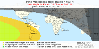 HilalMap: Peta Visibilitas Hilal Rajab 1453 H: rukyat tanggal 2031-10-16 M