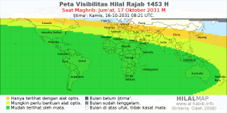 HilalMap: Peta Visibilitas Hilal Rajab 1453 H: rukyat tanggal 2031-10-17 M
