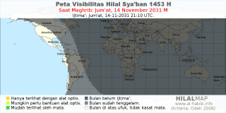 HilalMap: Peta Visibilitas Hilal Syaban 1453 H: rukyat tanggal 2031-11-14 M