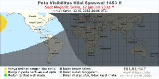 HilalMap: Peta Visibilitas Hilal Syawwal 1453 H: rukyat tanggal 2032-1-12 M