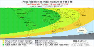 HilalMap: Peta Visibilitas Hilal Syawwal 1453 H: rukyat tanggal 2032-1-13 M