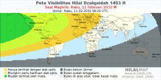 HilalMap: Peta Visibilitas Hilal Dzulqaidah 1453 H: rukyat tanggal 2032-2-11 M