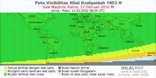 HilalMap: Peta Visibilitas Hilal Dzulqaidah 1453 H: rukyat tanggal 2032-2-12 M
