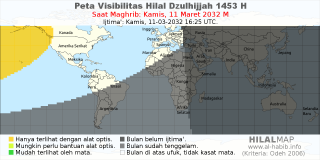 HilalMap: Peta Visibilitas Hilal Dzulhijjah 1453 H: rukyat tanggal 2032-3-11 M