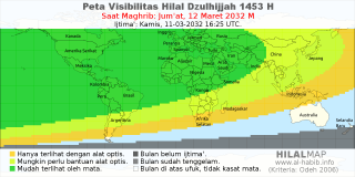 HilalMap: Peta Visibilitas Hilal Dzulhijjah 1453 H: rukyat tanggal 2032-3-12 M