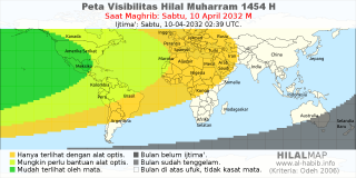 HilalMap: Peta Visibilitas Hilal Muharram 1454 H: rukyat tanggal 2032-4-10 M