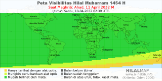 HilalMap: Peta Visibilitas Hilal Muharram 1454 H: rukyat tanggal 2032-4-11 M