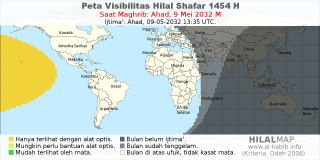HilalMap: Peta Visibilitas Hilal Shafar 1454 H: rukyat tanggal 2032-5-9 M