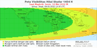 HilalMap: Peta Visibilitas Hilal Shafar 1454 H: rukyat tanggal 2032-5-10 M