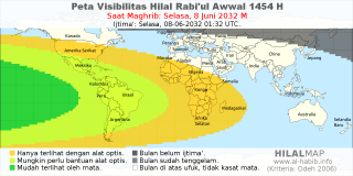 HilalMap: Peta Visibilitas Hilal Rabiul-Awwal 1454 H: rukyat tanggal 2032-6-8 M