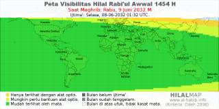 HilalMap: Peta Visibilitas Hilal Rabiul-Awwal 1454 H: rukyat tanggal 2032-6-9 M