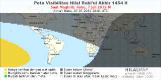 HilalMap: Peta Visibilitas Hilal Rabiul-Akhir 1454 H: rukyat tanggal 2032-7-7 M