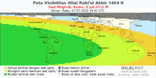 HilalMap: Peta Visibilitas Hilal Rabiul-Akhir 1454 H: rukyat tanggal 2032-7-8 M