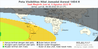 HilalMap: Peta Visibilitas Hilal Jumadal-Awwal 1454 H: rukyat tanggal 2032-8-6 M
