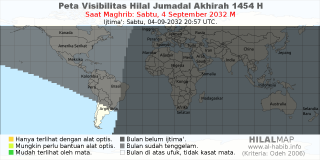 HilalMap: Peta Visibilitas Hilal Jumadal-Akhirah 1454 H: rukyat tanggal 2032-9-4 M