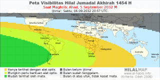 HilalMap: Peta Visibilitas Hilal Jumadal-Akhirah 1454 H: rukyat tanggal 2032-9-5 M