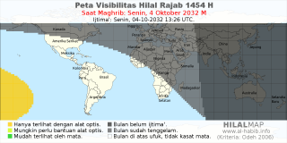 HilalMap: Peta Visibilitas Hilal Rajab 1454 H: rukyat tanggal 2032-10-4 M