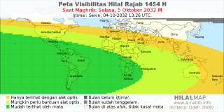 HilalMap: Peta Visibilitas Hilal Rajab 1454 H: rukyat tanggal 2032-10-5 M