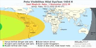 HilalMap: Peta Visibilitas Hilal Syaban 1454 H: rukyat tanggal 2032-11-3 M