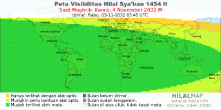 HilalMap: Peta Visibilitas Hilal Syaban 1454 H: rukyat tanggal 2032-11-4 M