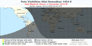 HilalMap: Peta Visibilitas Hilal Ramadhan 1454 H: rukyat tanggal 2032-12-2 M