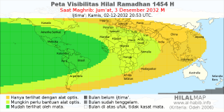 HilalMap: Peta Visibilitas Hilal Ramadhan 1454 H: rukyat tanggal 2032-12-3 M