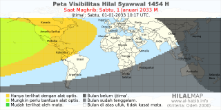 HilalMap: Peta Visibilitas Hilal Syawwal 1454 H: rukyat tanggal 2033-1-1 M