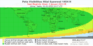 HilalMap: Peta Visibilitas Hilal Syawwal 1454 H: rukyat tanggal 2033-1-2 M