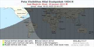 HilalMap: Peta Visibilitas Hilal Dzulqaidah 1454 H: rukyat tanggal 2033-1-30 M