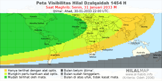 HilalMap: Peta Visibilitas Hilal Dzulqaidah 1454 H: rukyat tanggal 2033-1-31 M