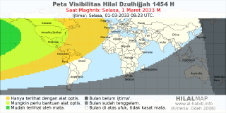 HilalMap: Peta Visibilitas Hilal Dzulhijjah 1454 H: rukyat tanggal 2033-3-1 M