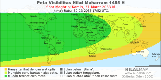 HilalMap: Peta Visibilitas Hilal Muharram 1455 H: rukyat tanggal 2033-3-31 M