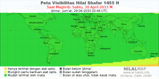 HilalMap: Peta Visibilitas Hilal Shafar 1455 H: rukyat tanggal 2033-4-30 M