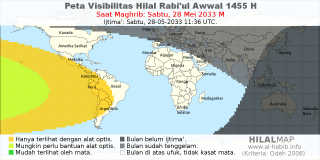 HilalMap: Peta Visibilitas Hilal Rabiul-Awwal 1455 H: rukyat tanggal 2033-5-28 M