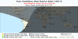 HilalMap: Peta Visibilitas Hilal Rabiul-Akhir 1455 H: rukyat tanggal 2033-6-26 M