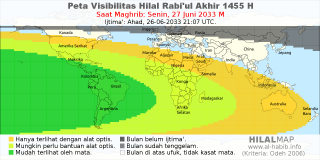 HilalMap: Peta Visibilitas Hilal Rabiul-Akhir 1455 H: rukyat tanggal 2033-6-27 M