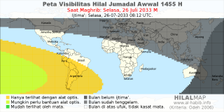 HilalMap: Peta Visibilitas Hilal Jumadal-Awwal 1455 H: rukyat tanggal 2033-7-26 M