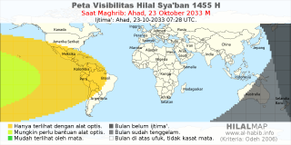 HilalMap: Peta Visibilitas Hilal Syaban 1455 H: rukyat tanggal 2033-10-23 M