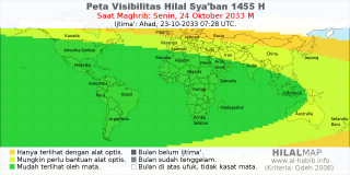 HilalMap: Peta Visibilitas Hilal Syaban 1455 H: rukyat tanggal 2033-10-24 M
