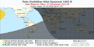 HilalMap: Peta Visibilitas Hilal Syawwal 1455 H: rukyat tanggal 2033-12-21 M