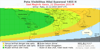HilalMap: Peta Visibilitas Hilal Syawwal 1455 H: rukyat tanggal 2033-12-22 M