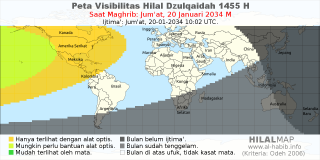 HilalMap: Peta Visibilitas Hilal Dzulqaidah 1455 H: rukyat tanggal 2034-1-20 M