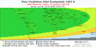 HilalMap: Peta Visibilitas Hilal Dzulqaidah 1455 H: rukyat tanggal 2034-1-21 M